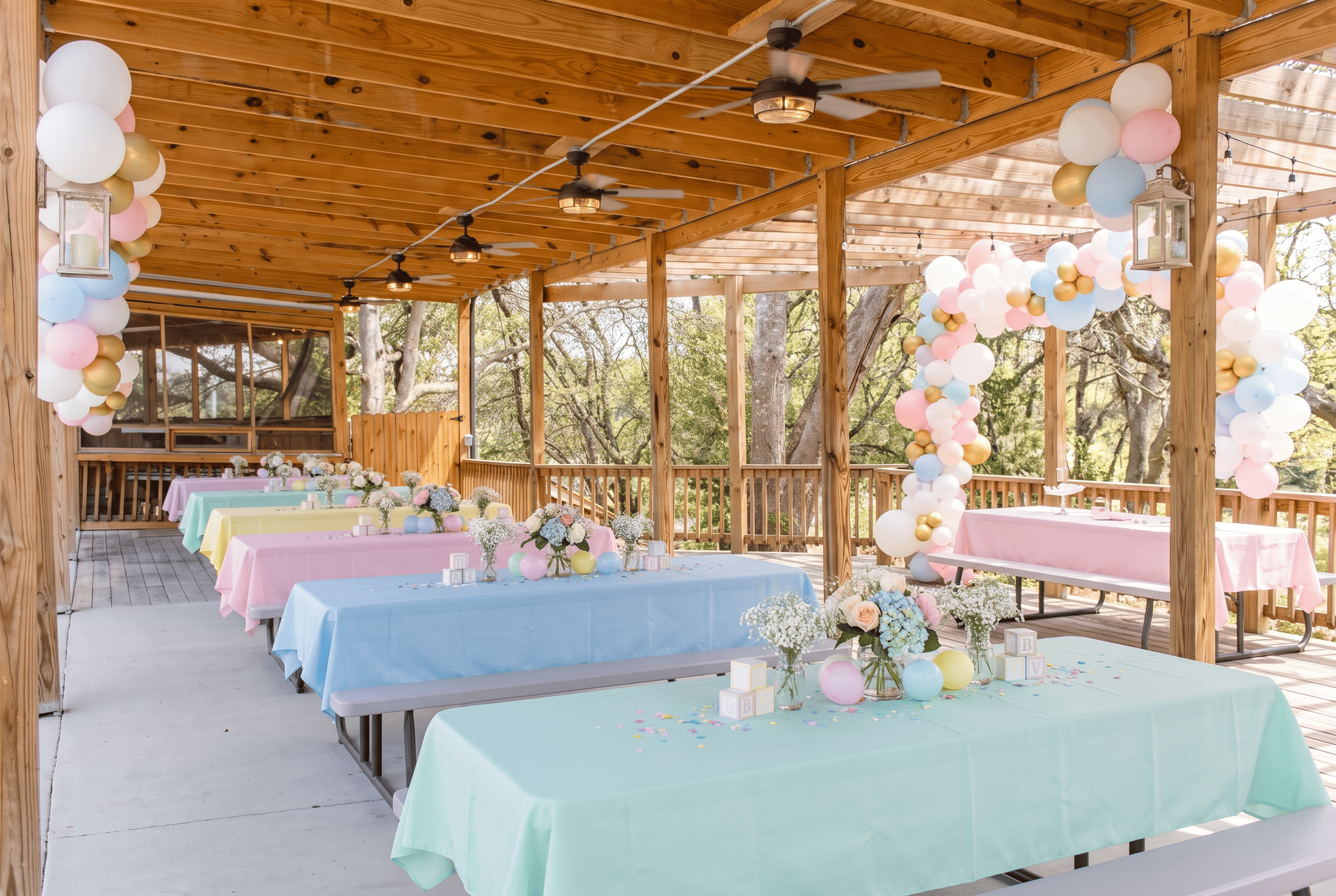 Outdoor event pavilion with long tables