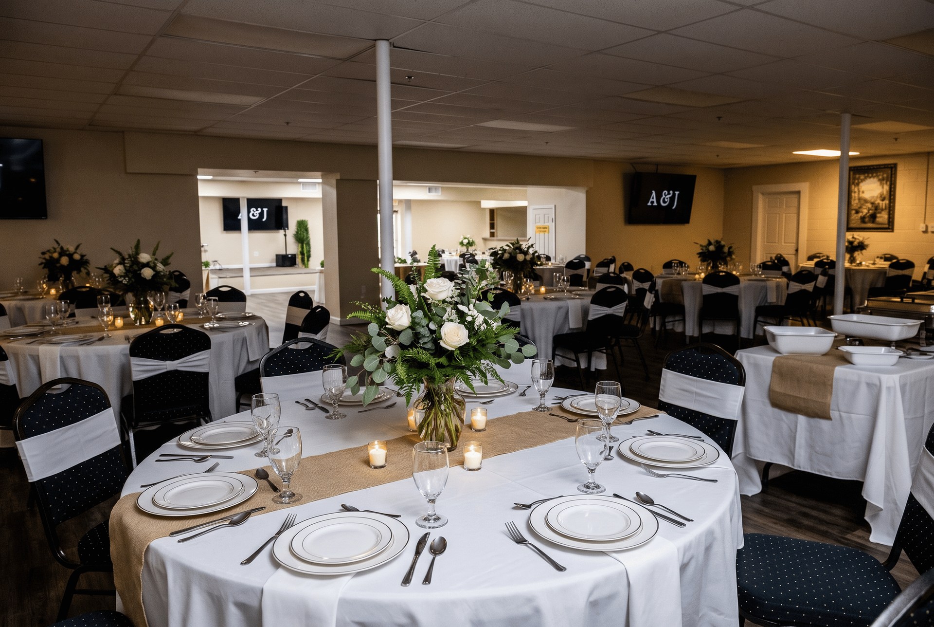 Elegant banquet hall with round tables and white linens