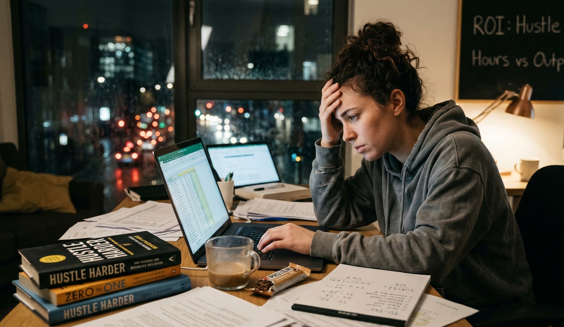 An exhausted entrepreneur at a laptop showing the hidden tax on hustle, strategic thinking loss, and