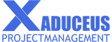 Blauw "X"-logo met de tekst "ADUCEUS PROJECT MANAGEMENT".