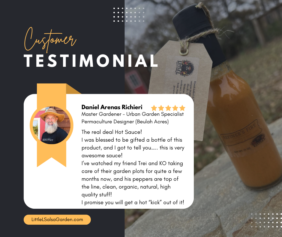 A bottle of hot sauce is sitting on a table next to a customer testimonial.