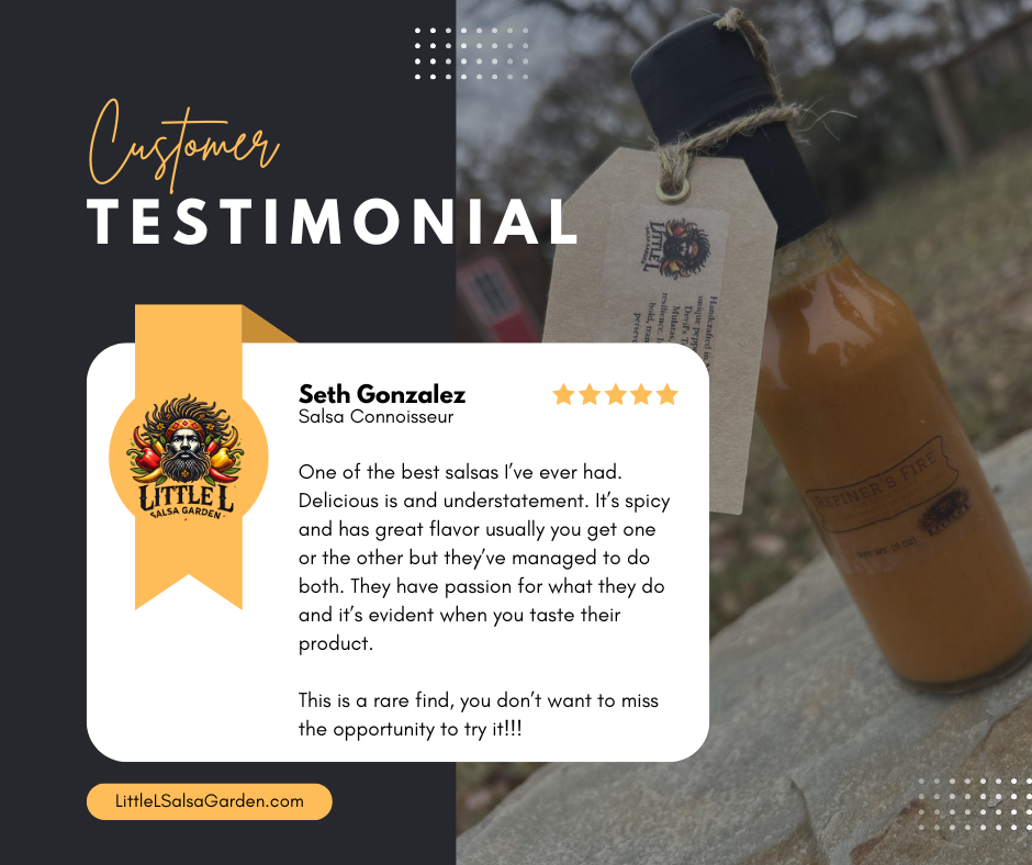 A bottle of hot sauce is sitting on a table next to a customer testimonial.