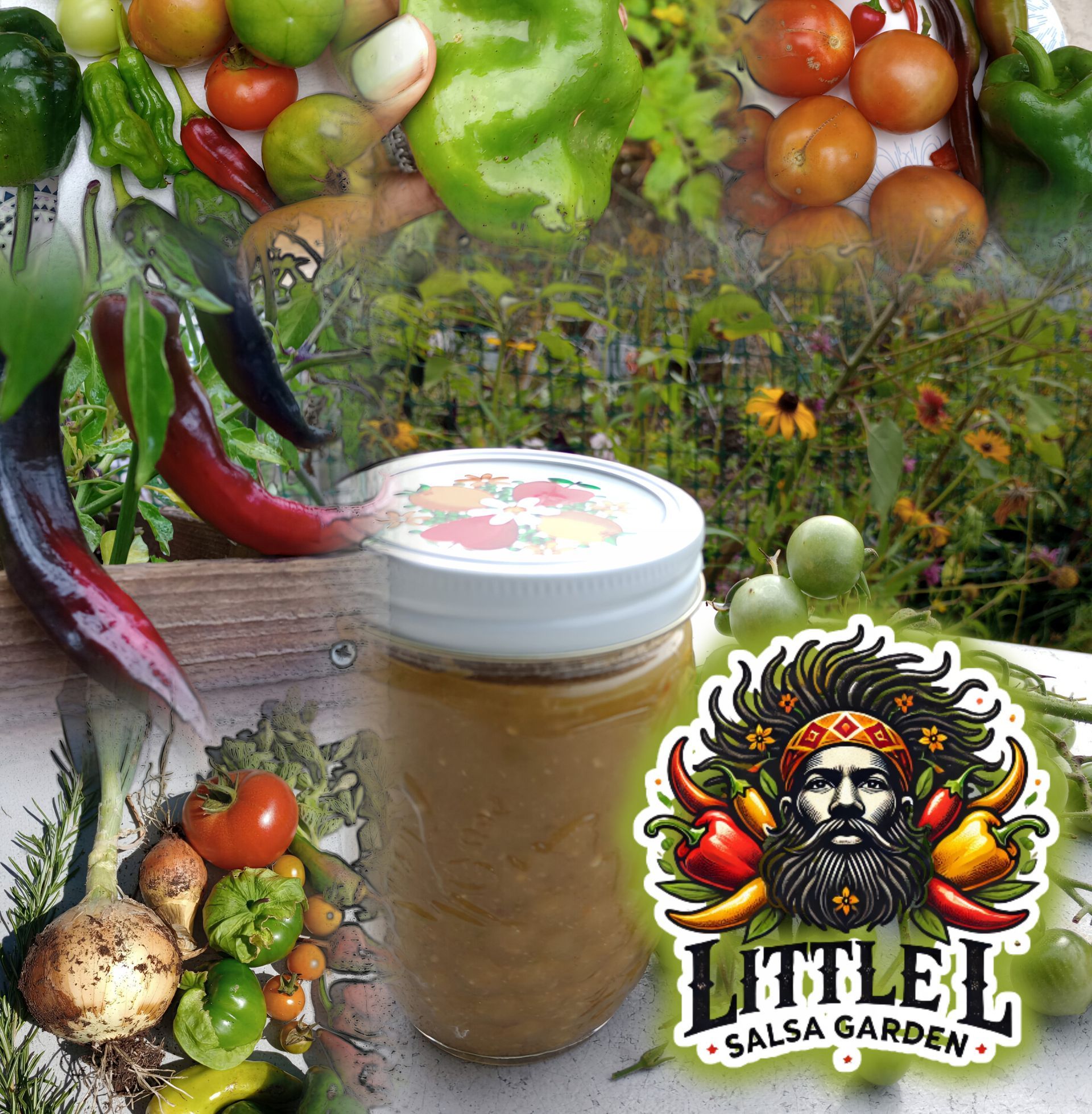 Jar of salsa with garden produce background and