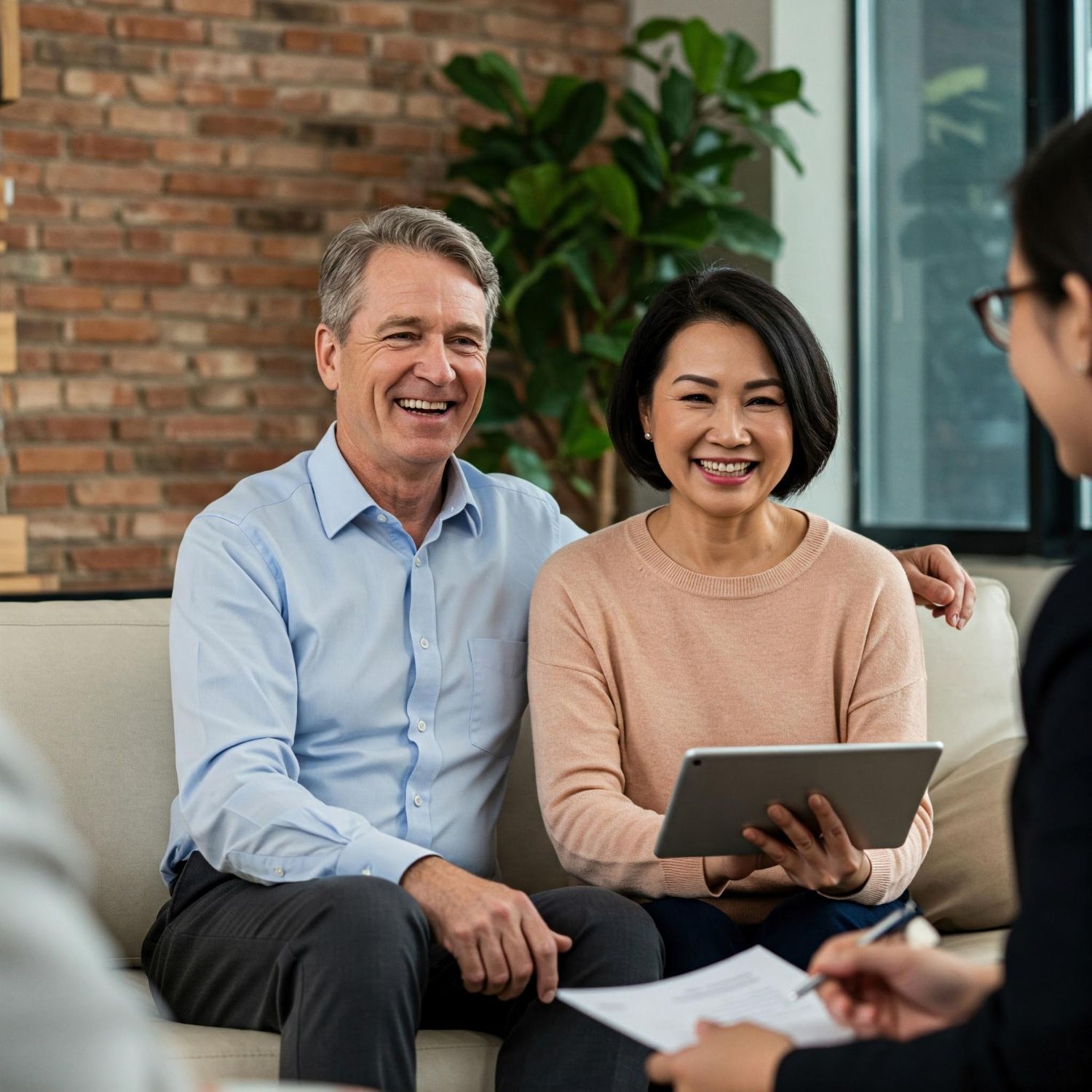Two smiling colleagues in a meeting, one holding a tablet, in a bright office lounge