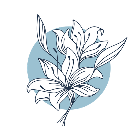 White line art of lilies on a blue circle background.