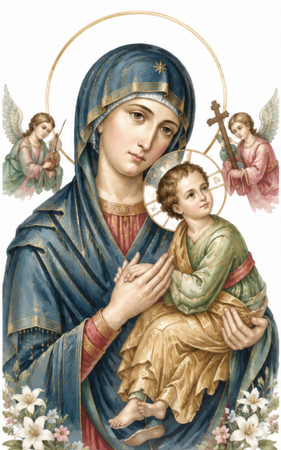 Virgin Mary holding baby Jesus, with two angels and floral border in a devotional icon style