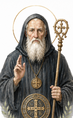 Bearded monk in dark robe with halo, holding a staff and making a blessing gesture.