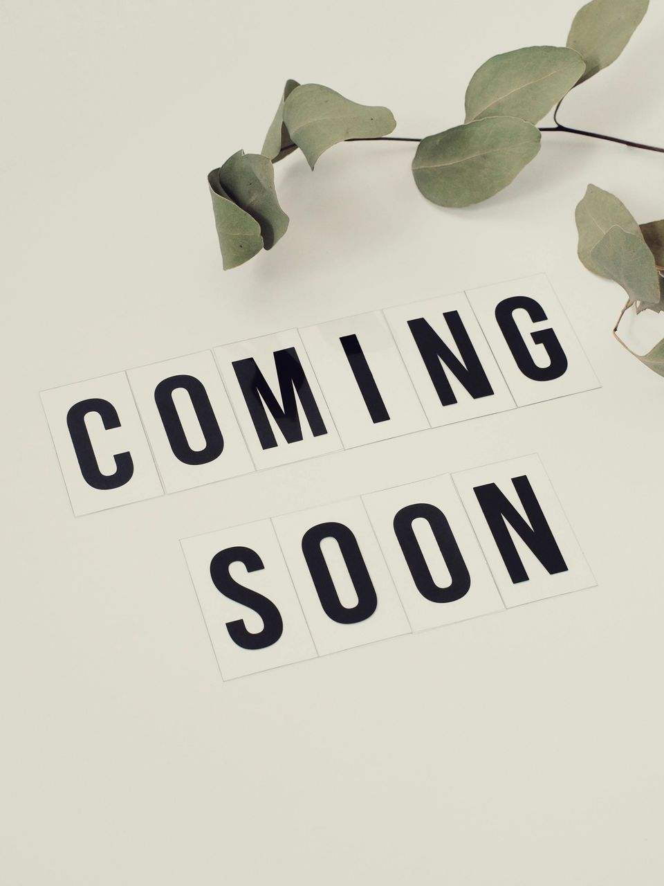 “COMING SOON” letter tiles on a light background with green leaves above