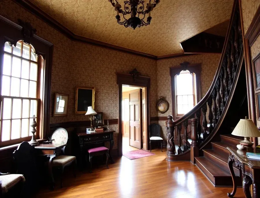 Elegant vintage foyer with wooden staircase, piano, chandelier, and sunlit hardwood floor