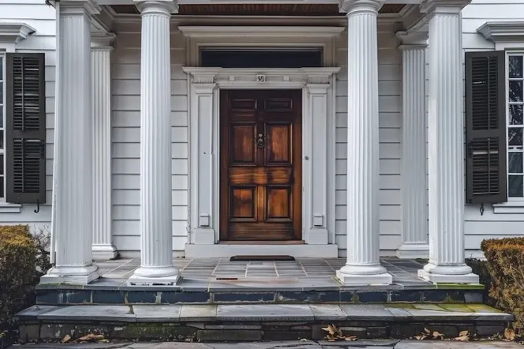 Front entrance with white columns, wooden door, and shutters on a gray house