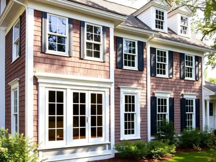 Two-story pink shingle house with white trim and black shutters, seen from the front.