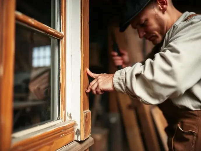 Man in cap fitting a wooden window frame with a tool indoors