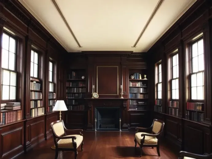Elegant wood-paneled library with bookshelves, fireplace, and two chairs by tall windows.