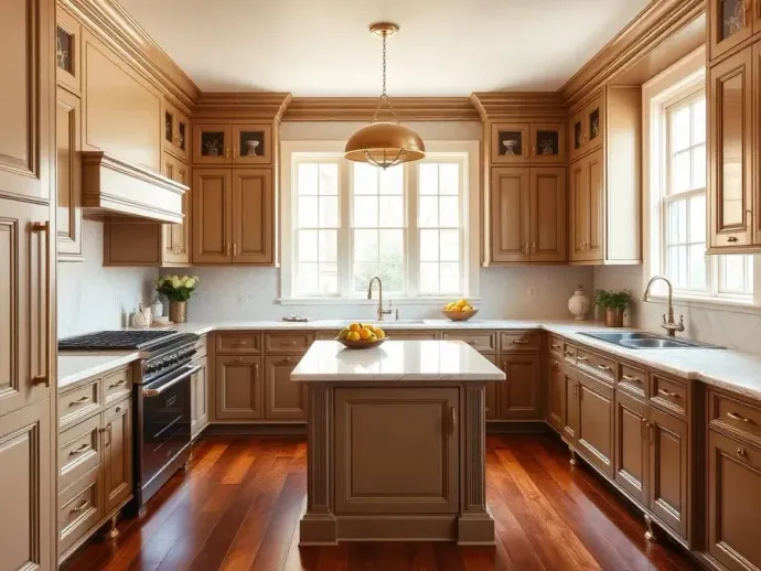 Bright, elegant kitchen with wood cabinets, central island, and large sunlit windows