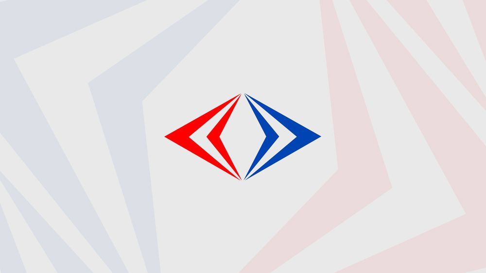 Red and blue diamond-shaped logo on a white and patterned background.