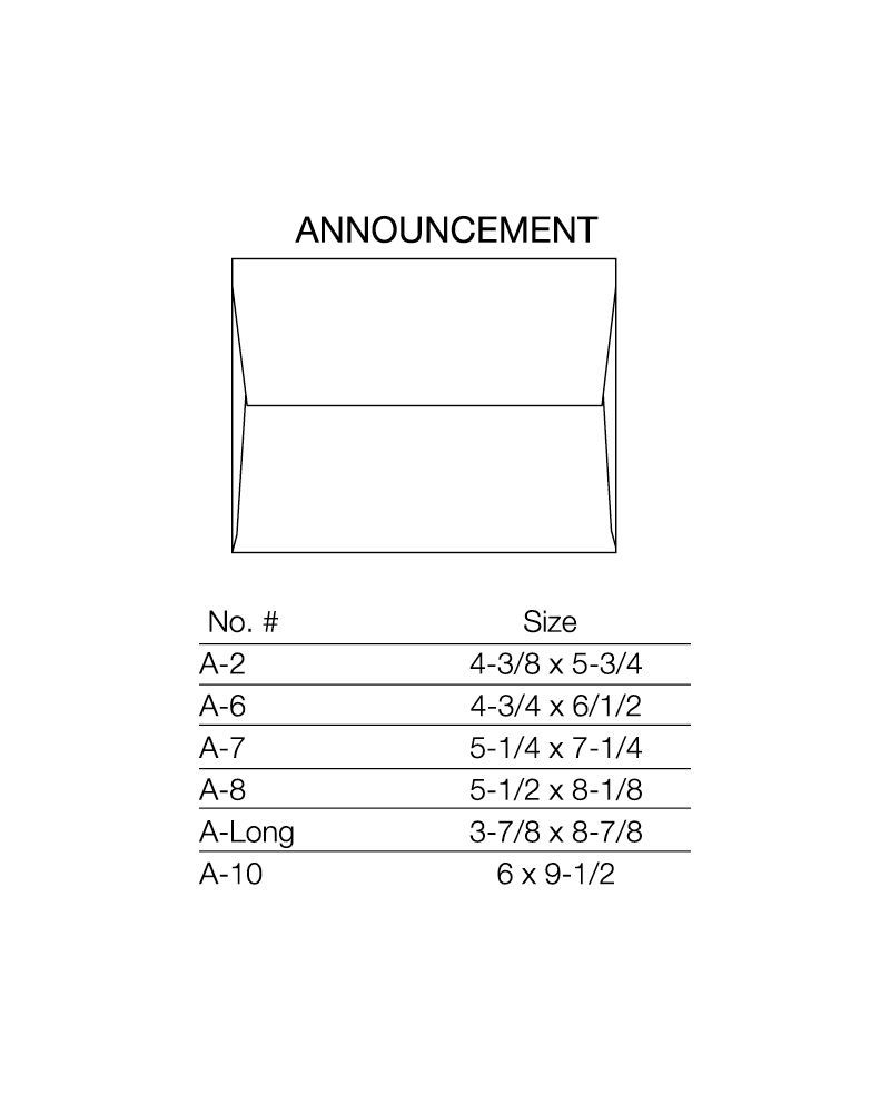 Diagram of announcement envelope sizes: A-2, A-6, A-7, A-8, A-Long, and A-10 with their dimensions.
