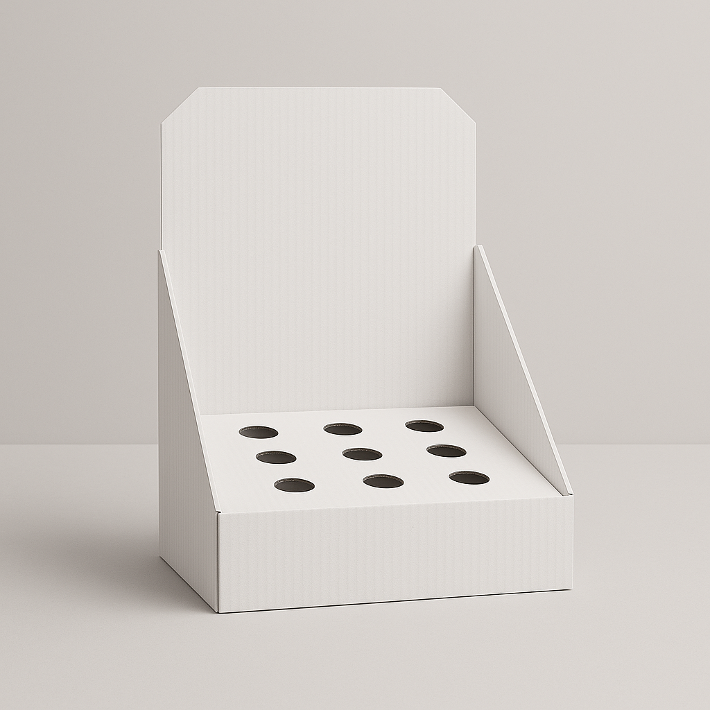 Digital rendering of a countertop product holder with die-cut openings