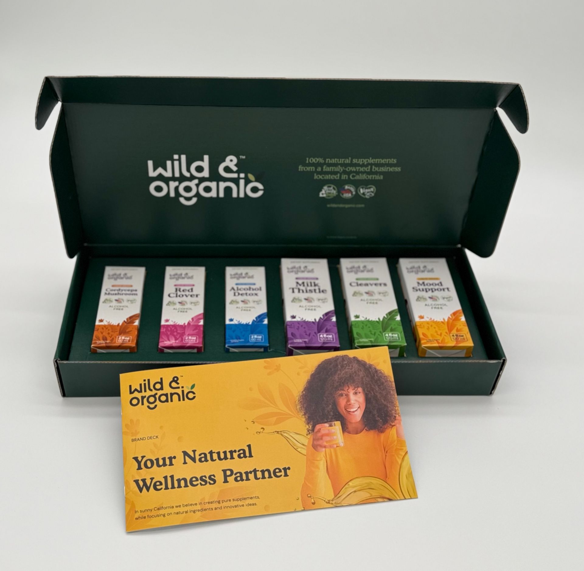 Open box with six colorful, labeled small boxes and an insert card that reads 