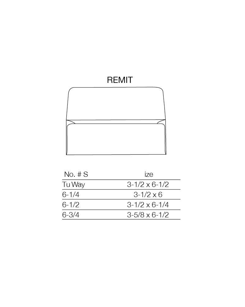 Diagram of a REMIT envelope with a list of sizes: Tu-Way, 6-1/2, 6-1/2, and K-3W.