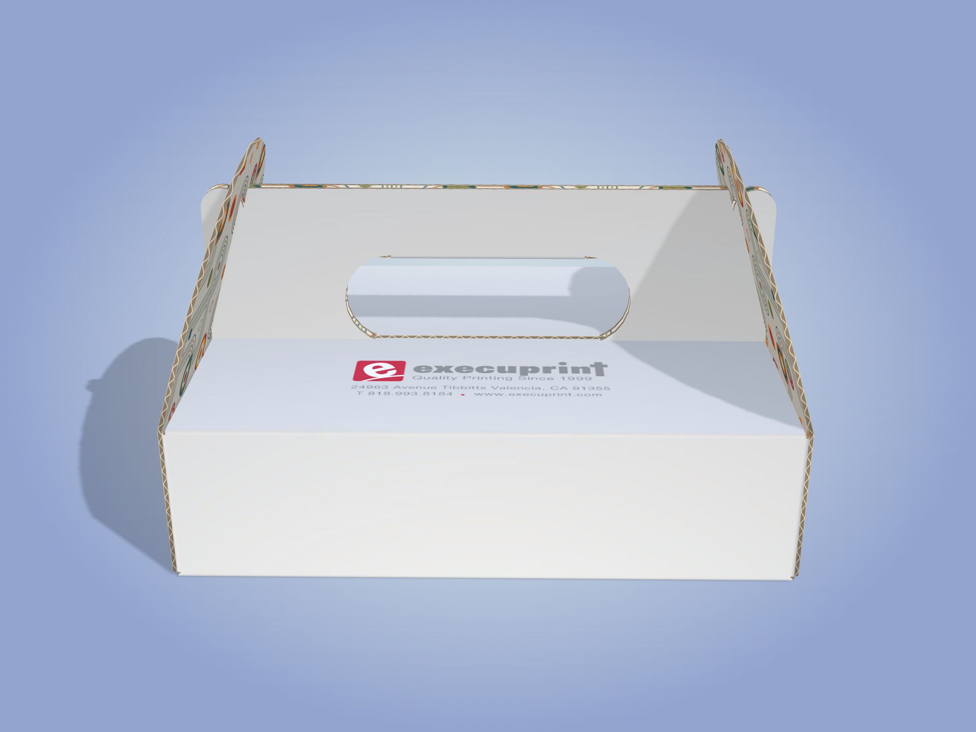 White cardboard box with handle and logo, set against a blue gradient background.