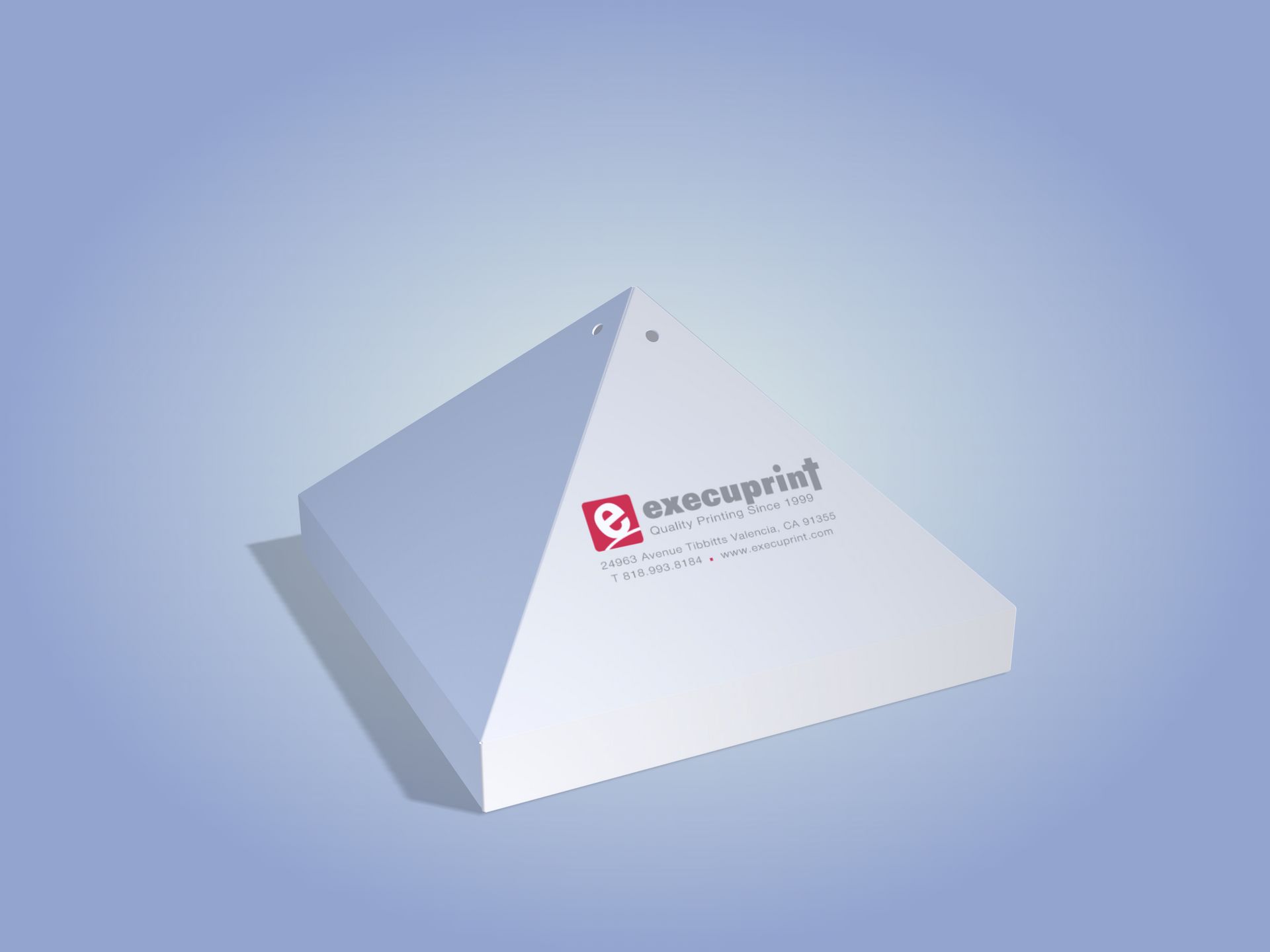 White triangular box with a logo on the side. The box is casting a shadow on a blue gradient background.