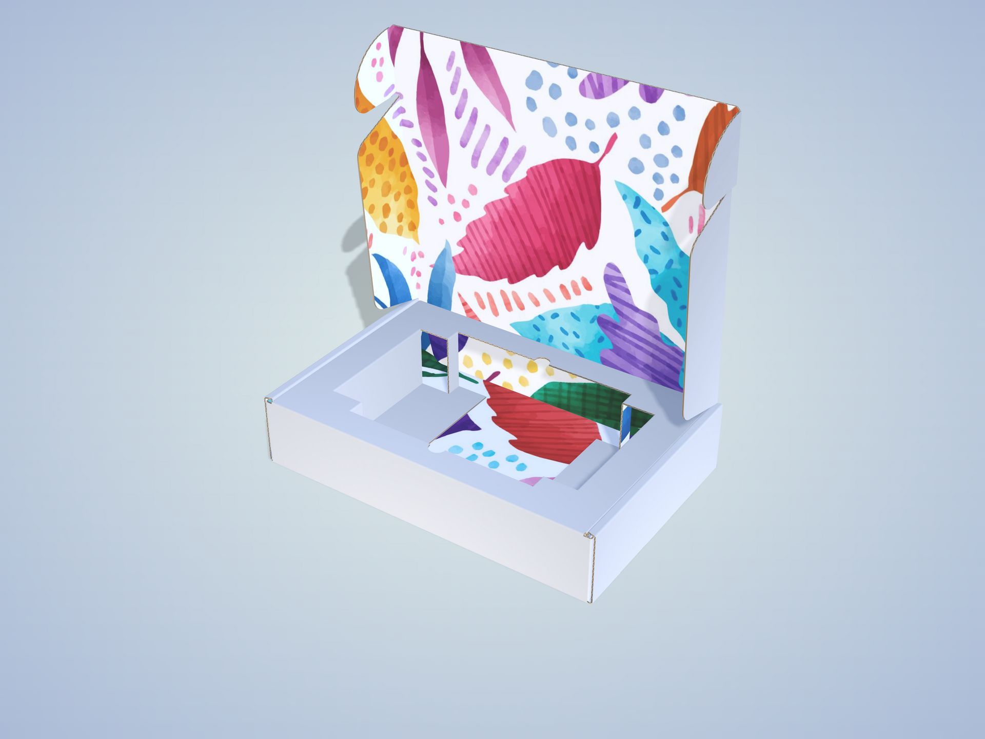 White box with colorful floral patterned interior and lid partially open, on a light blue background.