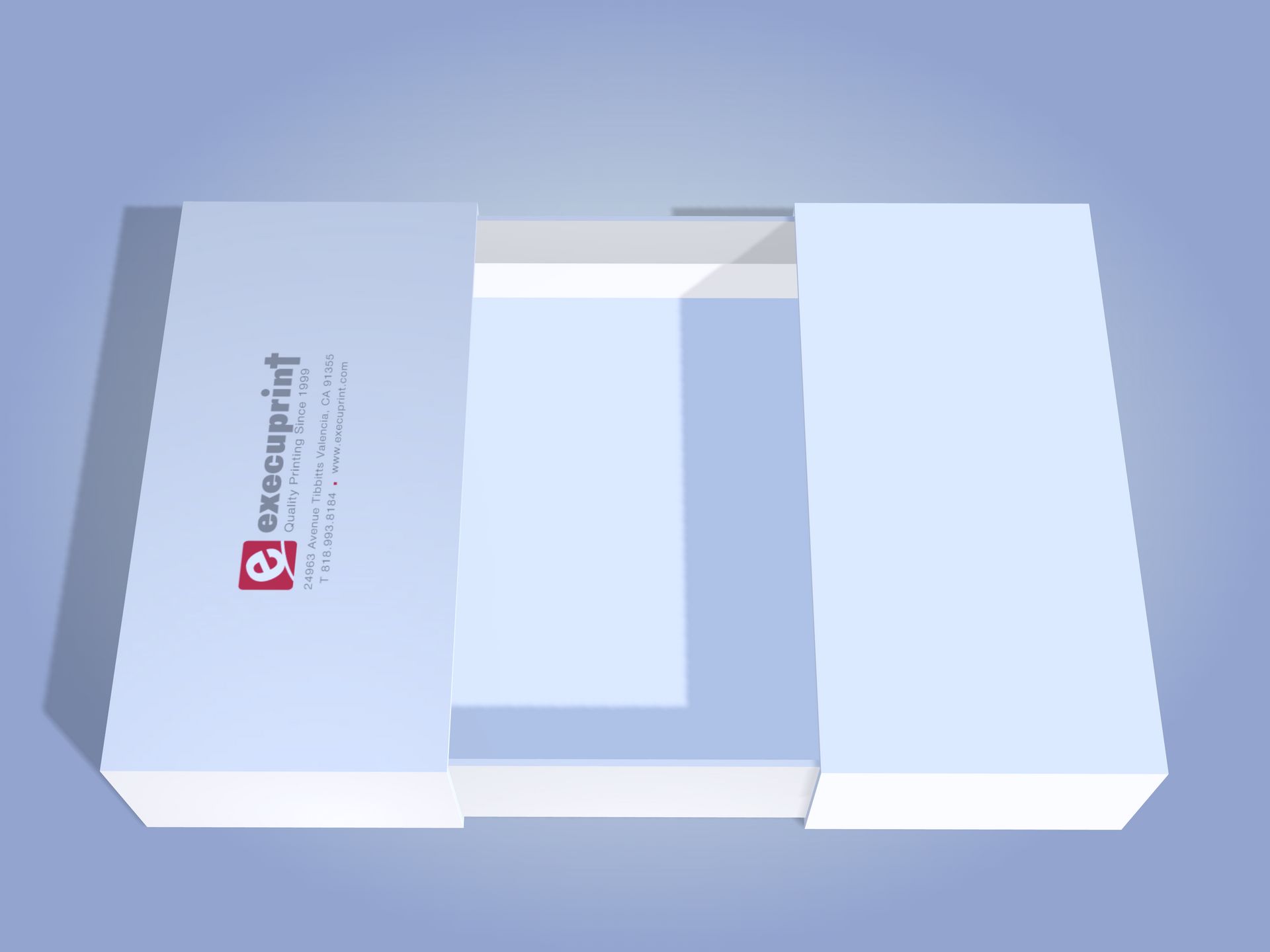 Open light blue sliding box with a white interior, the logo 