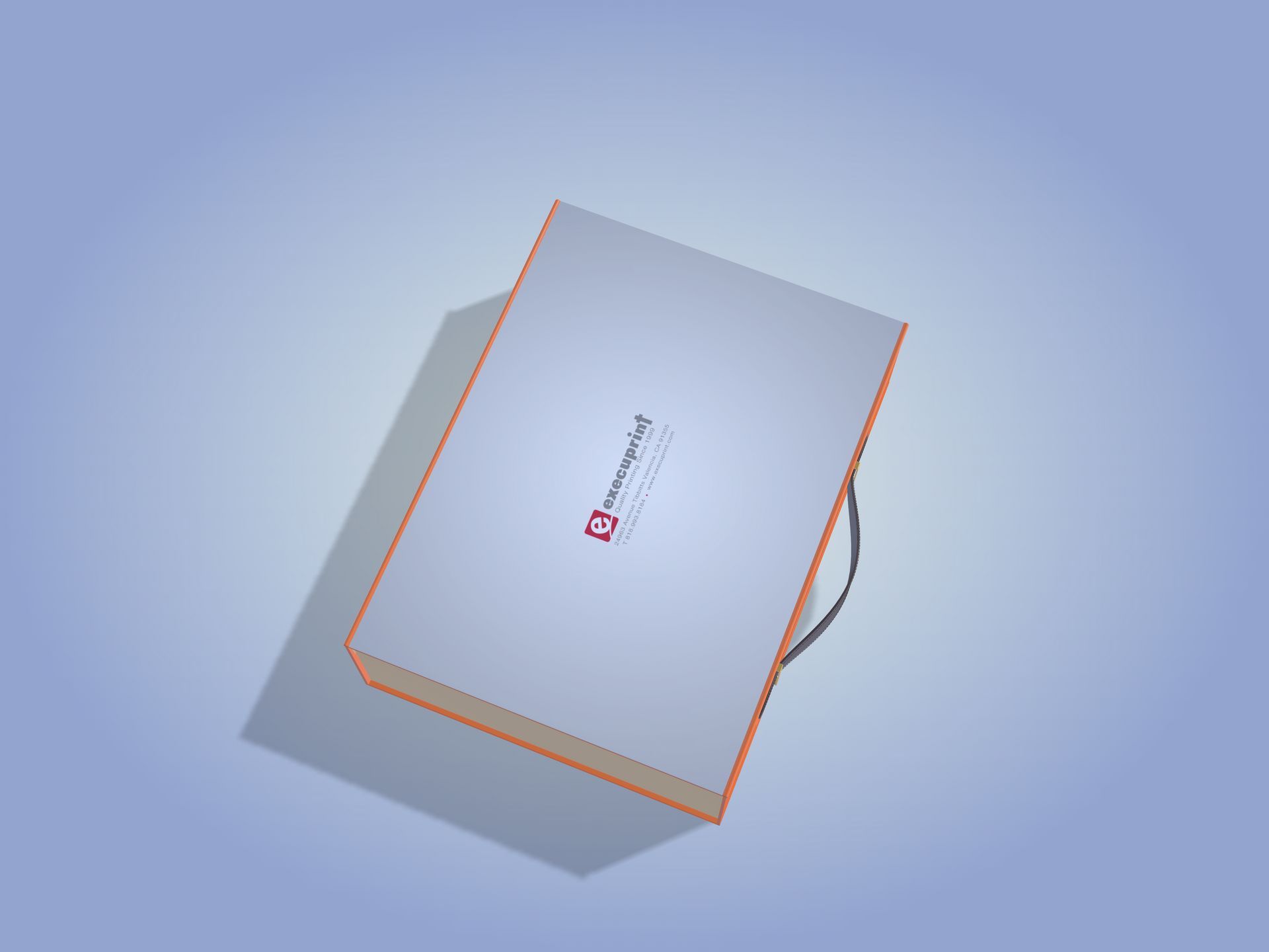 A white rectangular package with an orange outline and handle against a blue background, a logo on top.