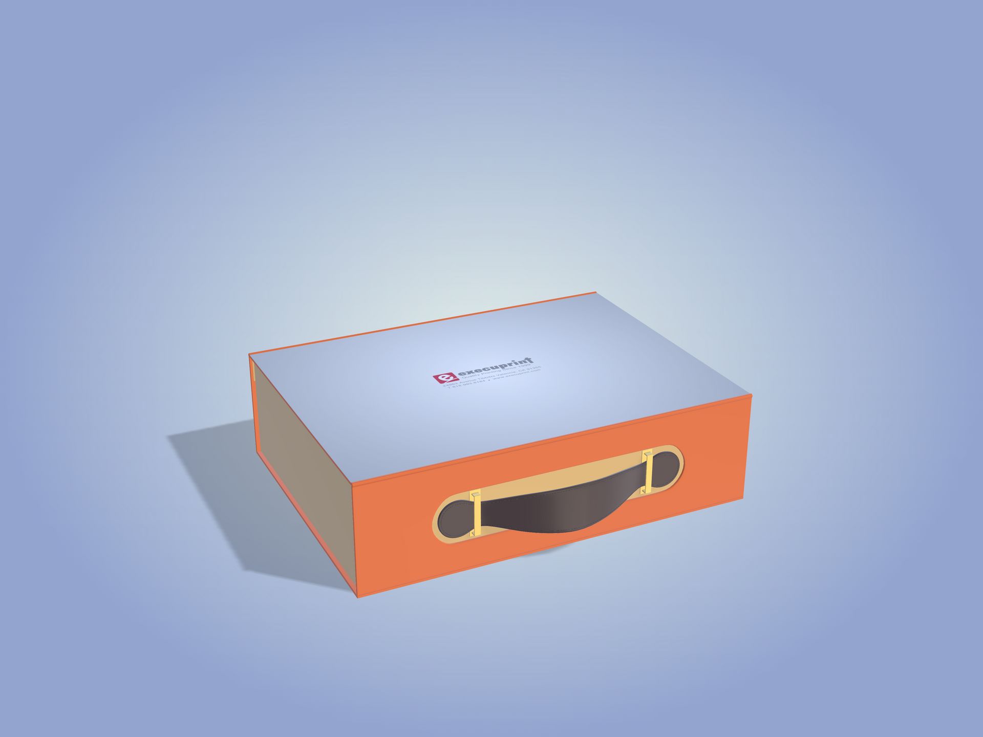 Orange and silver suitcase with a black handle on a blue gradient background.