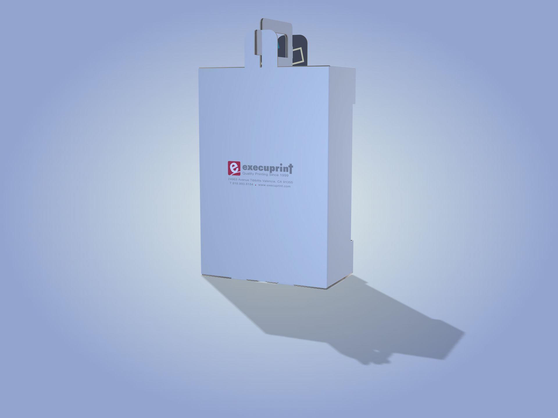 White rectangular paper bag with a handle and logo, casting a shadow on a blue gradient background.