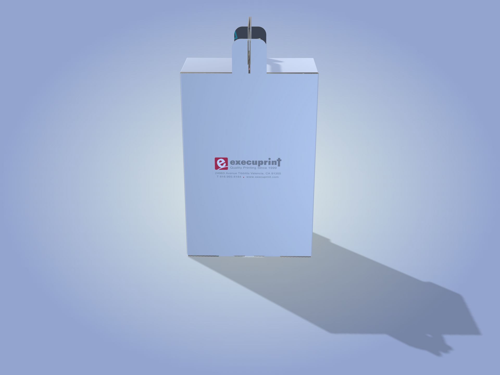 Cardboard box with handle and logo casting shadow.