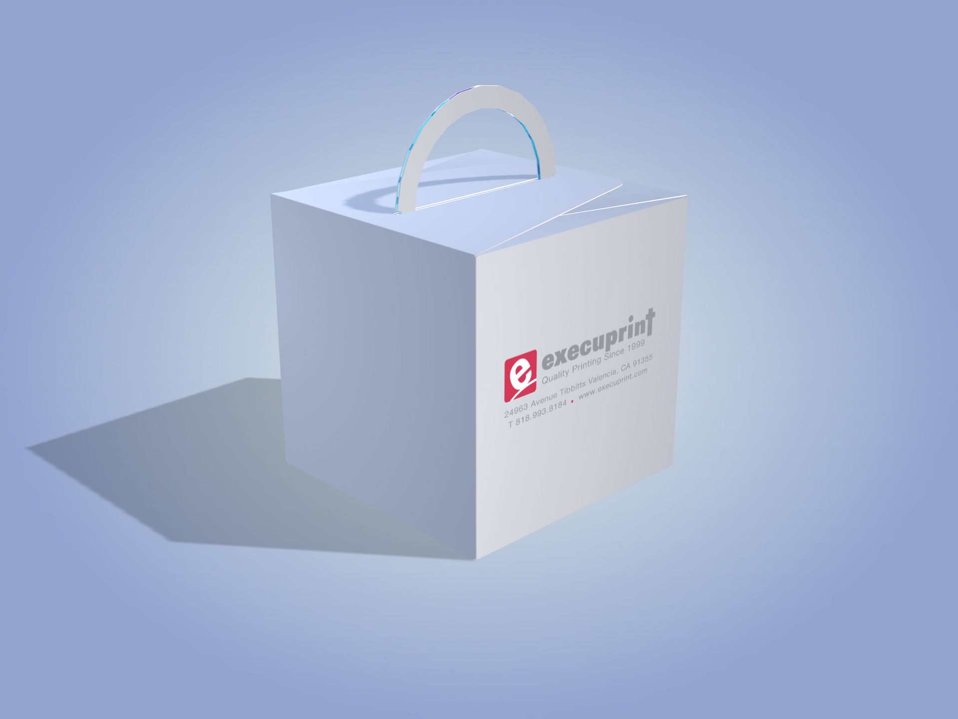 White box with handle and logo, casting a shadow on a blue background.