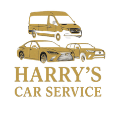 Gold-toned logo: a van and two cars above 