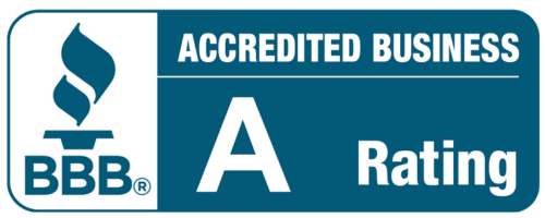 BBB A Rating logo in blue and white with torch icon and bold white “A Rating” text