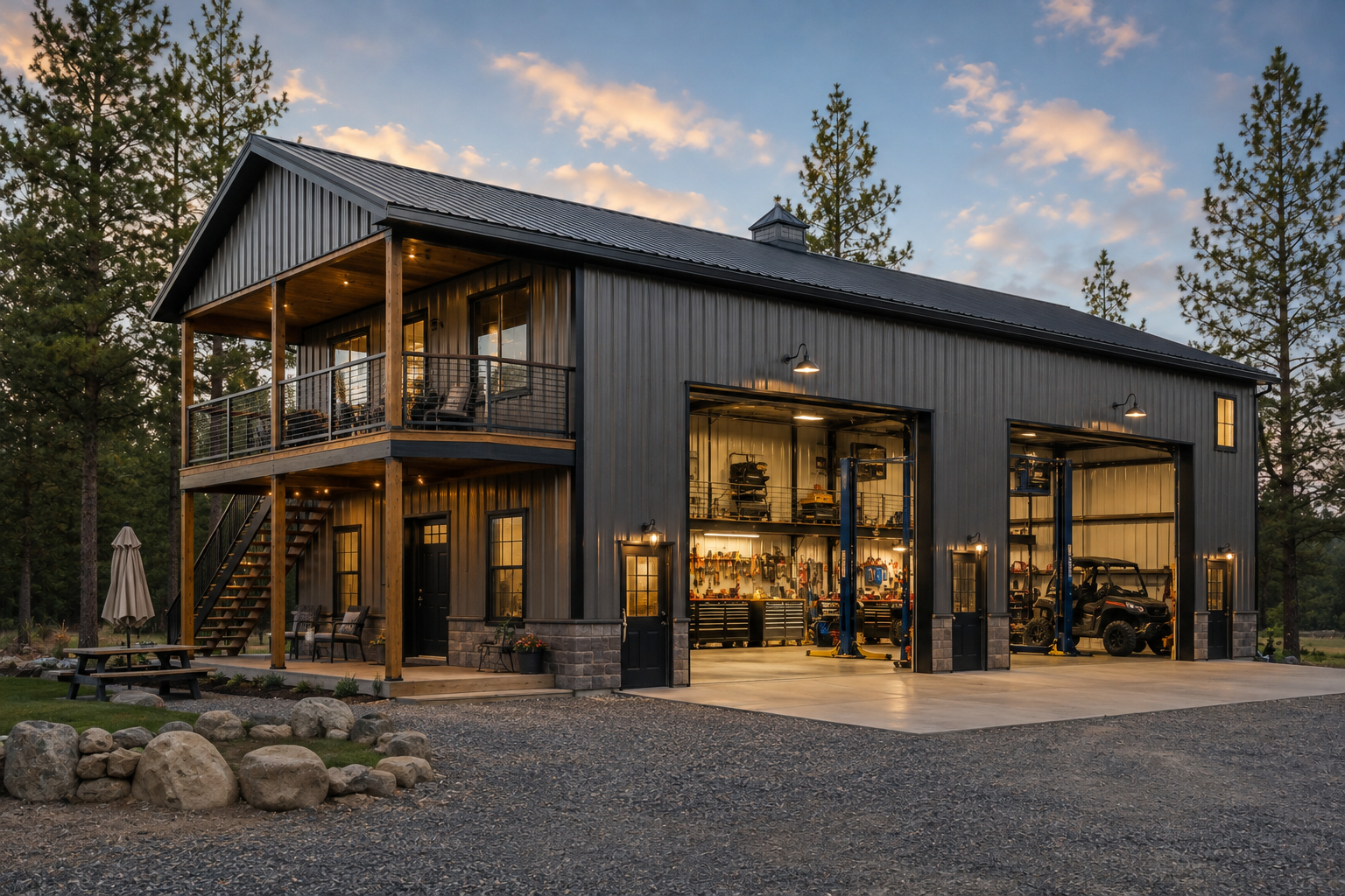 Modern dark metal workshop with open garage bays and balcony at dusk in a wooded setting