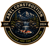 ABEL CONSTRUCTION logo with mountain, stream, deer, EST. 2024, and “Direction you can count on”