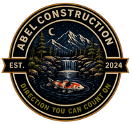ABEL CONSTRUCTION logo with mountain, stream, deer, EST. 2024, and “Direction you can count on”