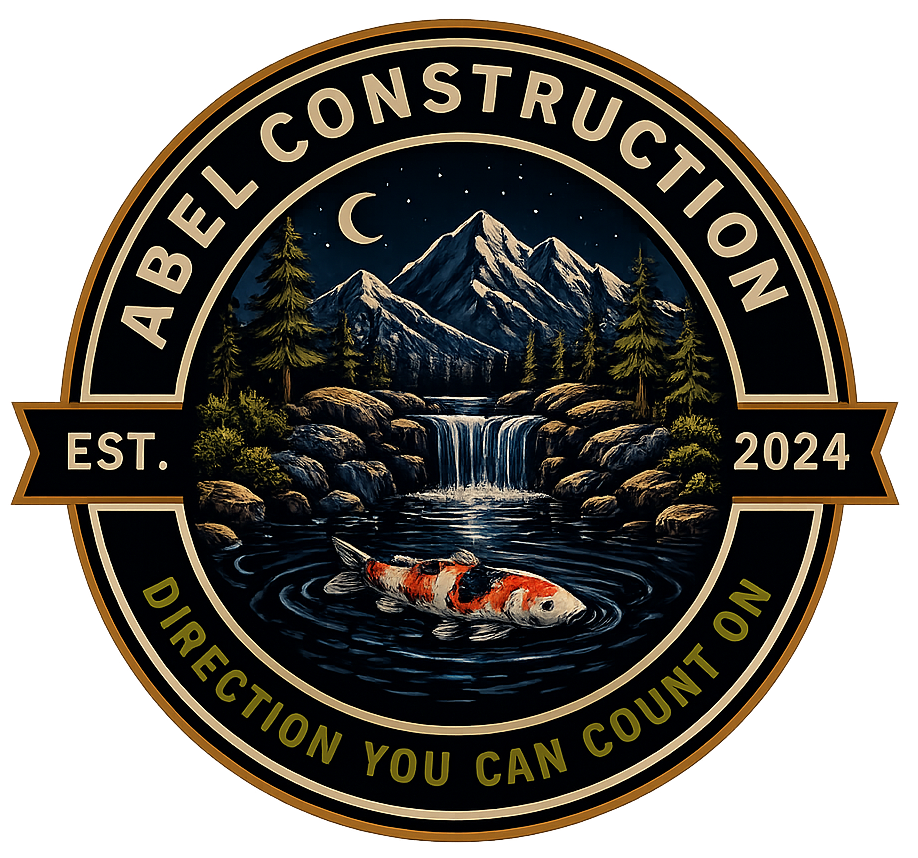 ABEL CONSTRUCTION logo with mountain, stream, deer, EST. 2024, and “Direction you can count on”