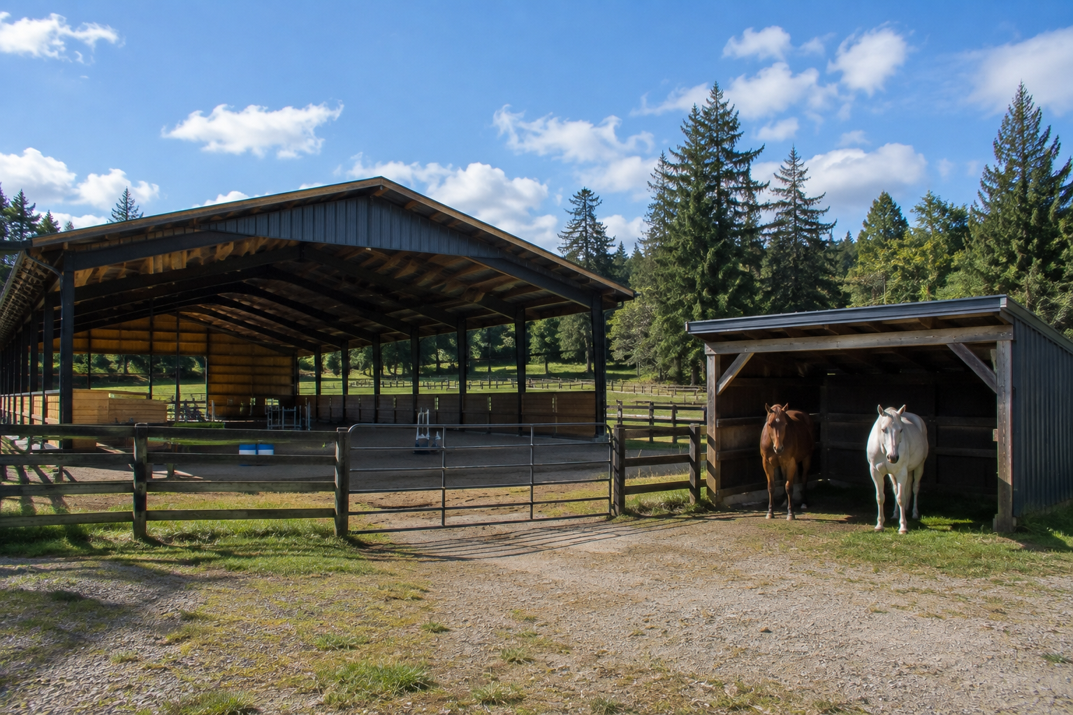 Horse barn with open shelter and two horses standing in a small stall beside a gravel yard