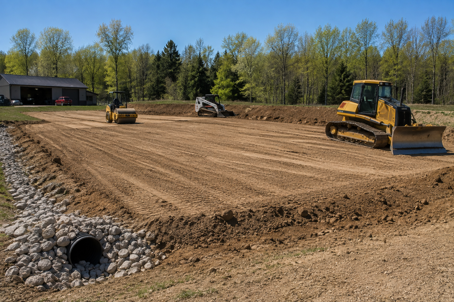Concrete pouring from a chute onto a gravel base at a construction site