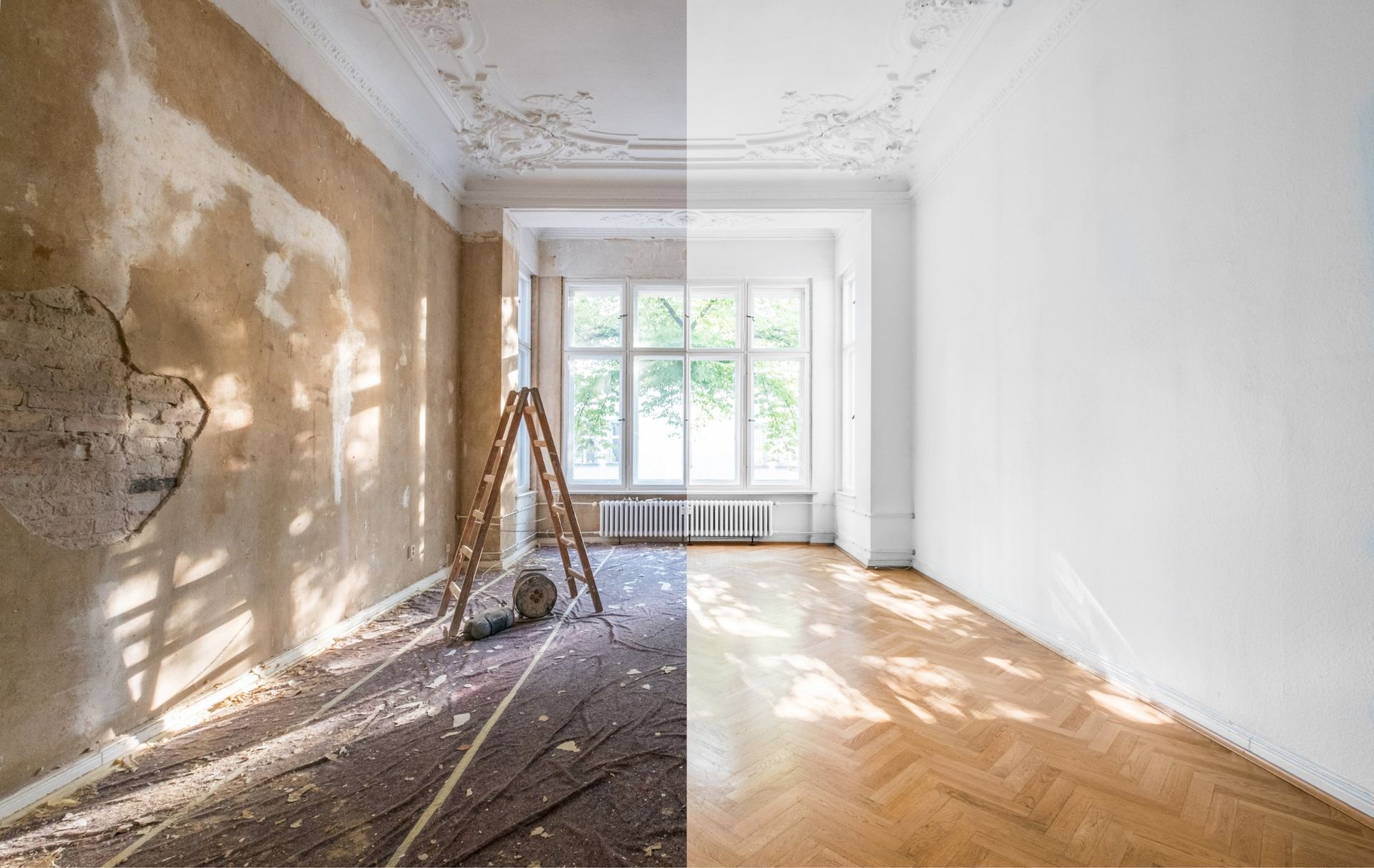 Room renovation, before and after. Left side: damaged walls, ladder. Right side: white walls, wood floor.
