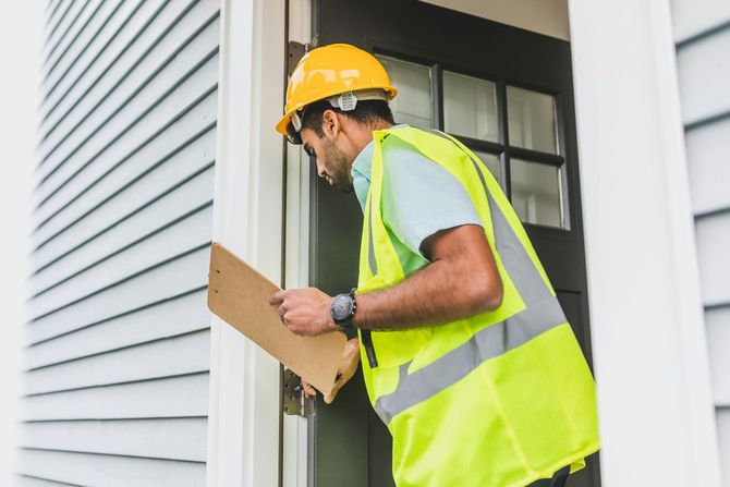 Worker in yellow safety vest and hard hat inspecting a house entry with a clipboard