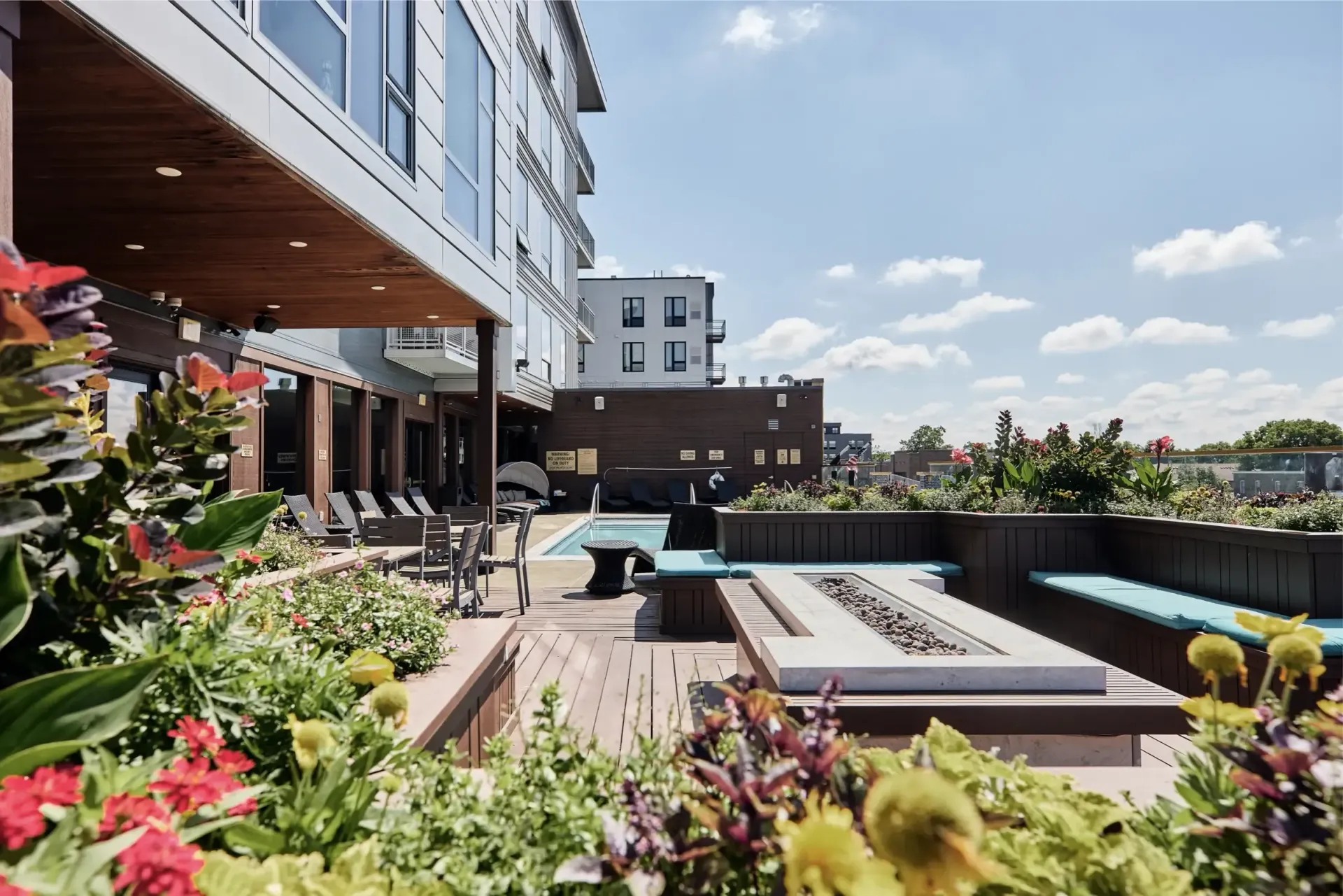 Rooftop pool area with lounge chairs and lush plants beside a modern apartment building.