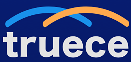 A blue and orange truece logo on a blue background