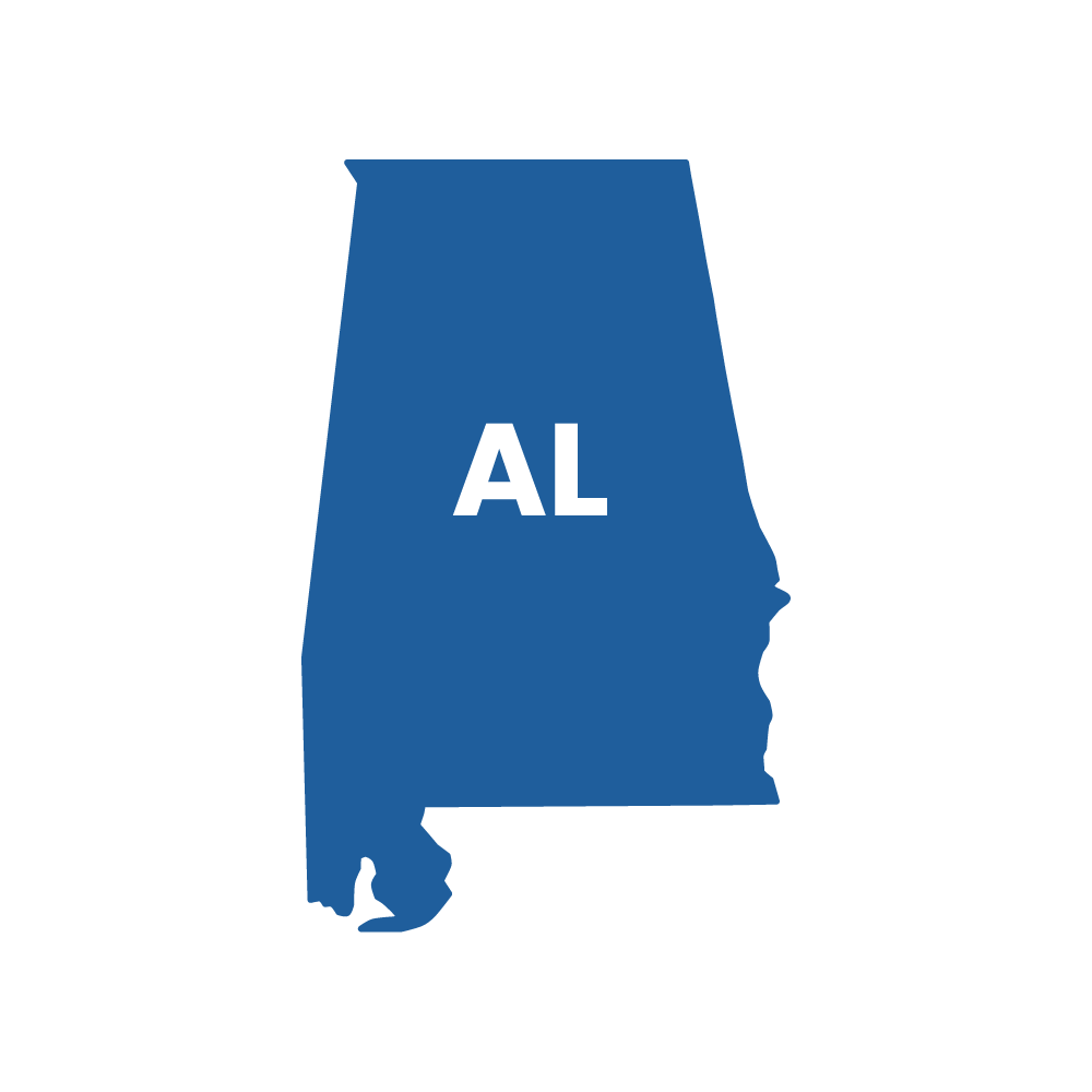 Blue outline of the state of Alabama, with 