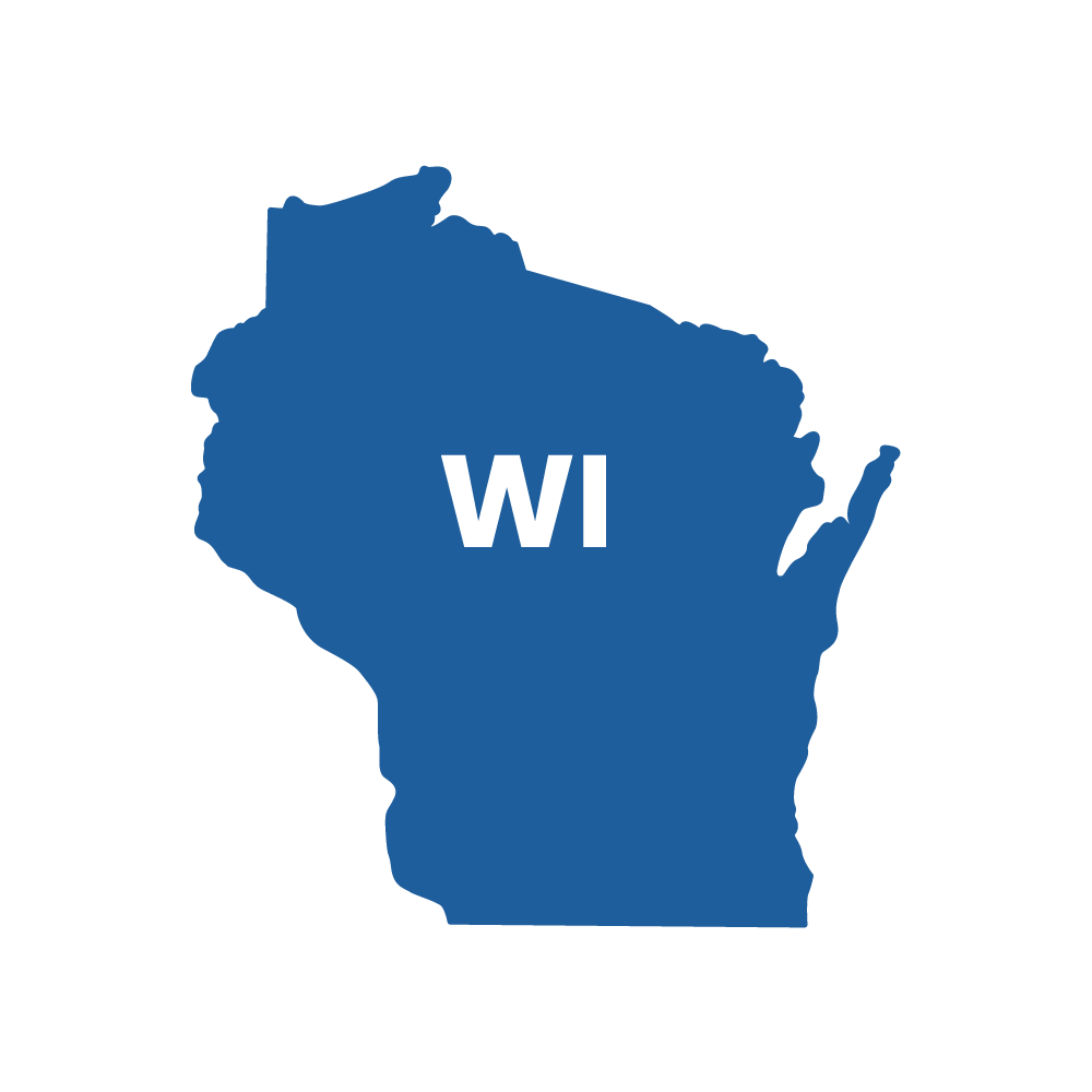 Blue silhouette of Wisconsin with 