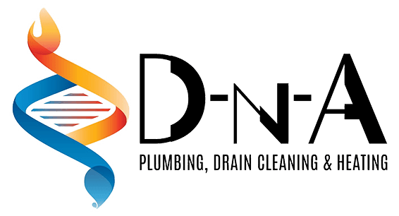 Logo for DNA Plumbing, Drain Cleaning & Heating featuring a flame-topped DNA helix graphic next to the company name.