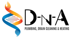 Logo for DNA Plumbing, Drain Cleaning & Heating featuring a flame-topped DNA helix graphic next to the company name.