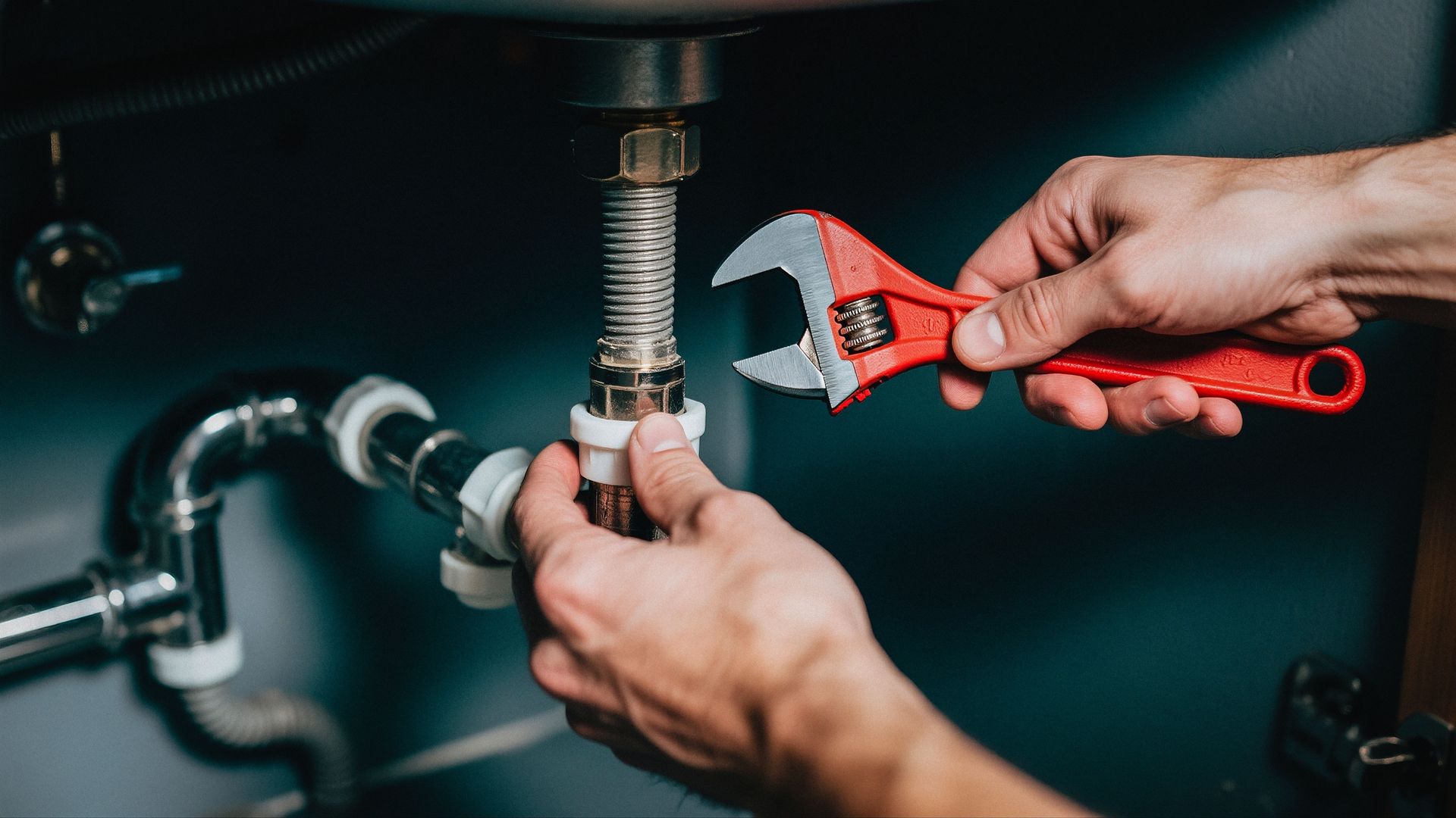 Hands using a red adjustable wrench to tighten a white plastic coupling on a metal sink drain pipe under a counter.