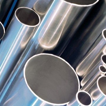 Shiny metal pipes stacked diagonally, showing circular openings and reflective silver surfaces